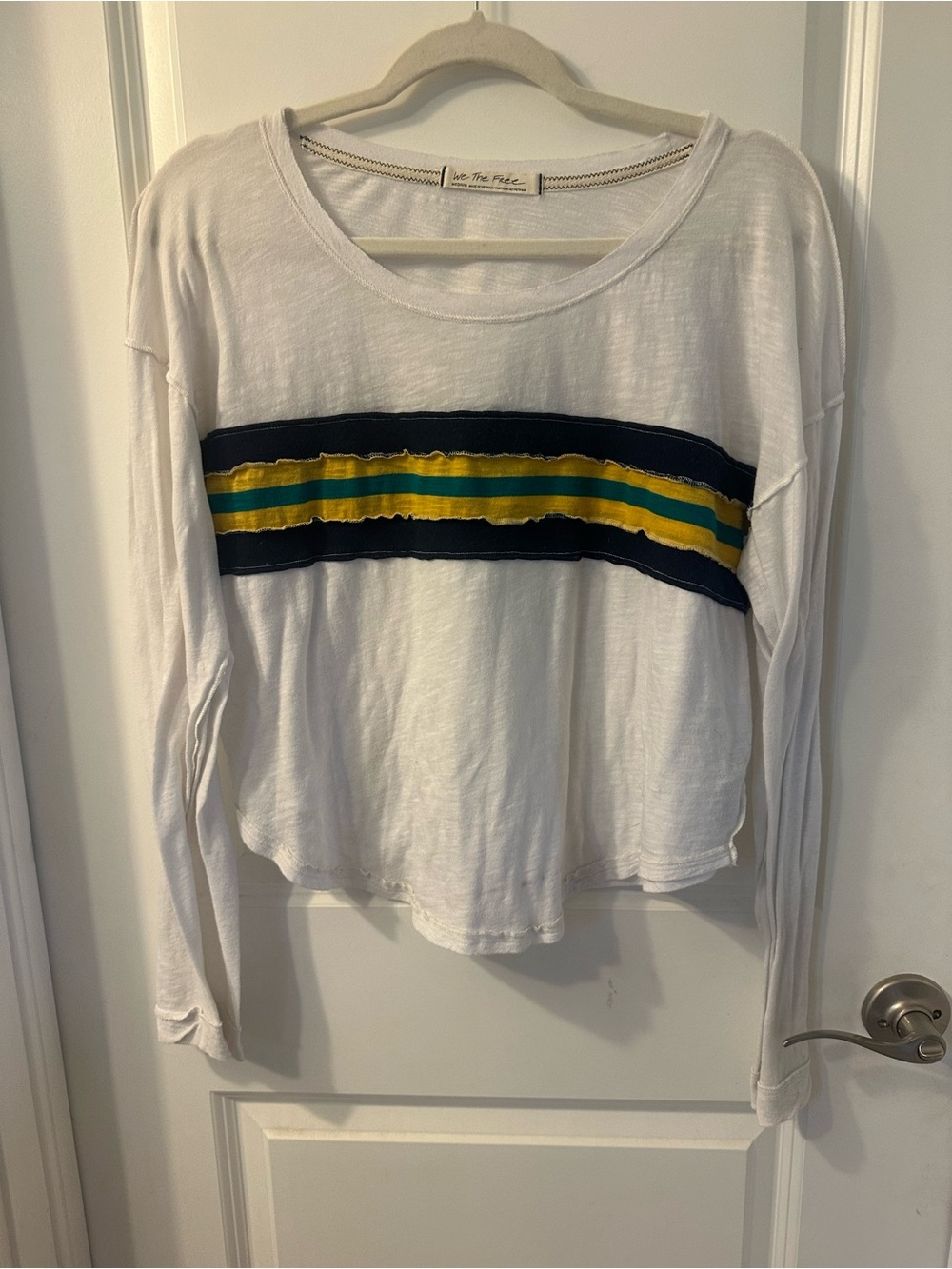 We The Free White Crewneck Long Sleeve Top with Black Stitching